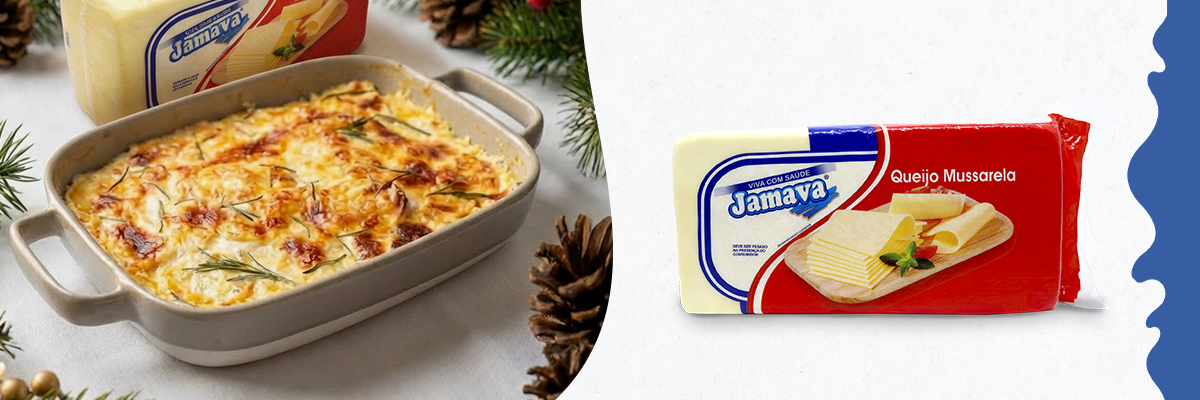 Batata gratinada cremosa com Queijo Mussarela Jamava derretido por cima